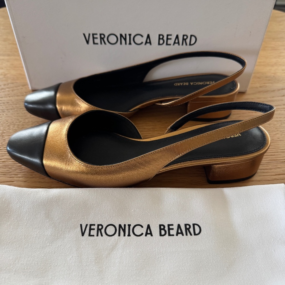 Veronica Beard Cecile Gold Black Sling Back Sz 7.5 M